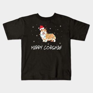 Merry Corgimas Pembroke Welsh Corgi Wearing Santa Hat Wrapped in Christmas Lights Kids T-Shirt
